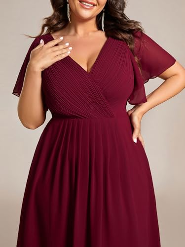 Image of Ever-Pretty Plus Summer Short Sleeves V-Neck Formal Wedding Guest Dresses for Curvy Women Chiffon Midi Cocktail Party Dress