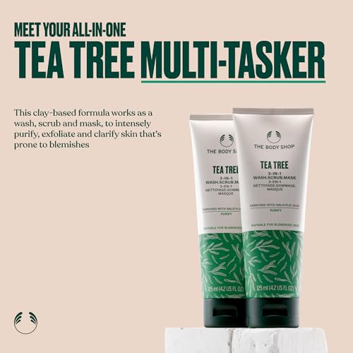 The Body Shop Tea Tree 3-in-1 Wash, Scrub & Mask (1x 125ml), Face Cleanser for Blemished Skin, With Tea Tree Oil & Salicylic Acid, Purifies, Exfoliates & Clarifies, Suitable for Blemished Skin - Image 2