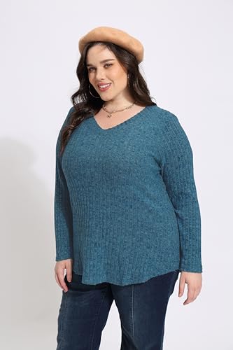 Image of RITERA Plus Size Sweater, Ribbed Long Sleeve Solid Top for Women | Soft vertical ribbed knit, modest V neck, loose long sleeves, curved swing hem, slimming casual layering top for curvy women