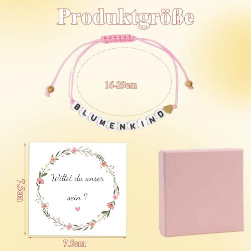 Komergave Blumenkind Armband Set, Blumenmädchen Armband Geschenke Set mit Verstellbarem Perlen Armbänder und Karte & Rosa Geschenkbox, Kinderarmband Armkettchen für Mädchen zur Hochzeit Verlobung