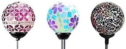 Set of 3 Ball Lights, Solar Mosaic 3.5" Crackle Glass Ball, Multi-color Color Change Garden Stake Yard LED Light