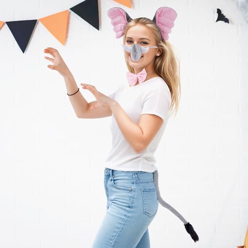 Dxhycc Elephant Costume Accessories Set, Elephant Ears Headband Nose Bowtie and Tail Costume Accessories for Halloween Dress Up Play Party Gray