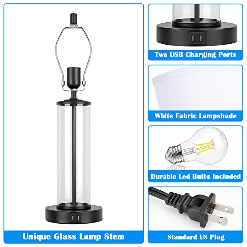 Modern Touch Control Table Lamps With 2 Usb Ports For Living Room Set Of 2, 3-Way Dimmable Bedside Lamps With White Shades & Clear Glass For Bedroom Nightstand Hotel, Daylight 5000K Led Bulbs Included #TOP5
