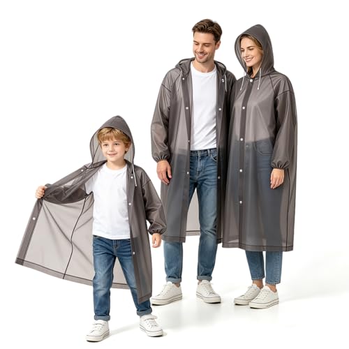 Image of PALAY 3PCS Family Raincoat Set EVA, 2 Adult & 1 Kids Waterproof Hooded Rain Ponchos, Reusable Lightweight Rain Gear with Snap Closure, Portable Outdoor Travel Rainwear for Men Women Children