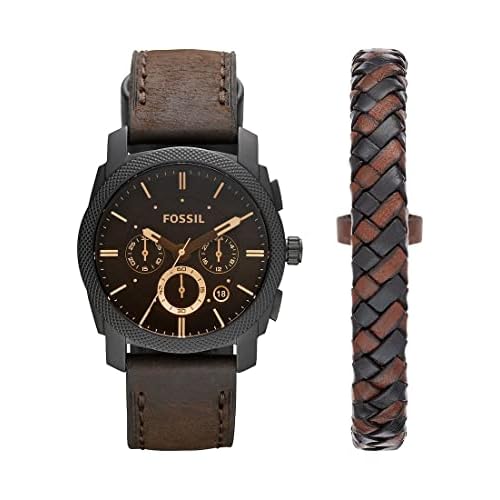 Fossil Reloj para hombre Machine, movimiento cronógrafo de cuarzo, 42mm Caja de acero negro con correa de piel, FS5251SET, 42MM, Marrón Oscuro