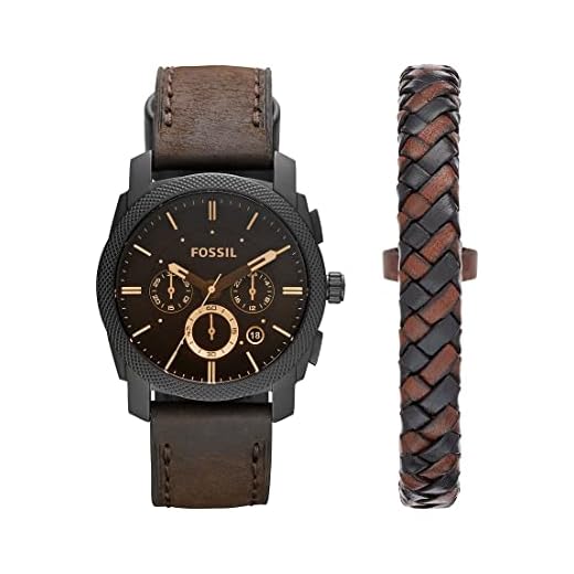 Fossil Reloj para hombre Machine, movimiento cronógrafo de cuarzo, 42mm Caja de acero negro con correa de piel, FS5251SET, 42MM, Marrón Oscuro