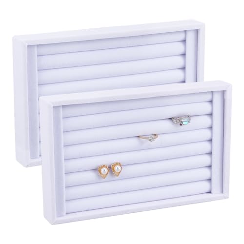 NBEADS Soporte Organizador de Anillos de Terciopelo con 7 Ranura, Bandeja de Joyería Apilable de Madera Blanca, Expositor de Pendientes, Soporte de Exhibición de Anillos Madera, Exhibición de Joyería