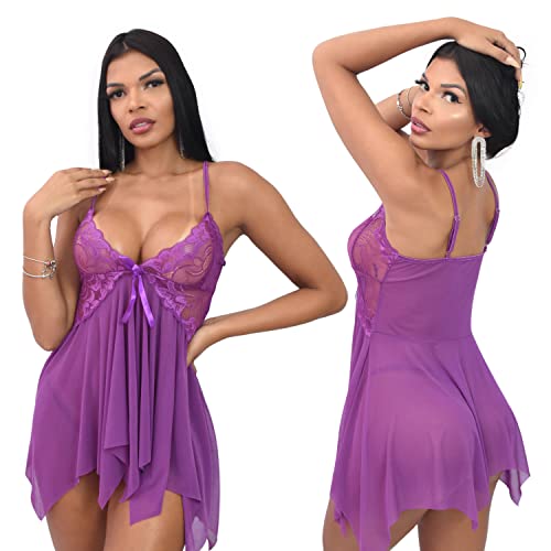 Lingerie Sexy Feminina - Kit 2 Conjuntos de Camisola Sensual com Renda e Laço e Calcinha Fio Dental
