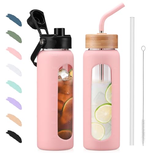 BLUEGO 600/700/900ml Glaswasserflasche mit Strohhalm und 2 Deckeln Kaffeetasse aus Glas mit Zeitmarkierung und Silikonschutz Glasbecher für Getränke Soda Cola BPA-frei