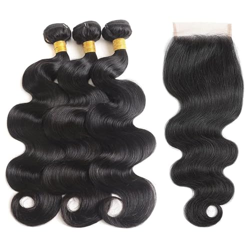 Siikap Body Wave Bundles With Closure Human Hair 16 18 20+14 Inch Human Hair Bundles With Closure 100% Brazilian Virgin Body Wave 3 Bundles Human Hair With 4X4 Lace Closure Natural Black thumb #1