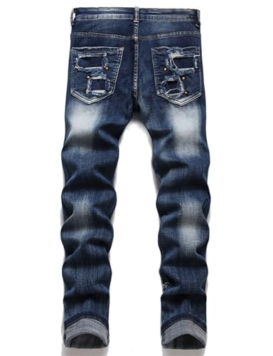 Men's Punk Style Distressed Denim Pants Streetwear Concert Performance Ripped Jeans Beads Decoration Trousers2