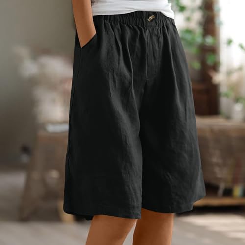 GOFULY Bermuda Shorts for Women Knee Length High Rise Cotton Linen Shorts Elastic Waist Button Half Pants with Pockets2