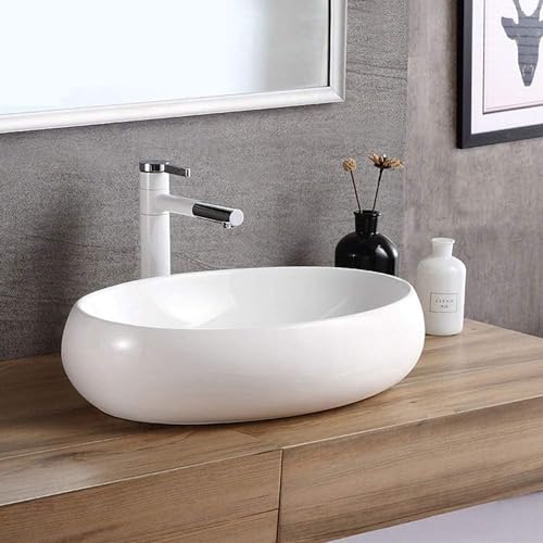 Image of Designer Counter Top Wash Basin | Tabletop Ceramic Bathroom Sink | Wash Basin Over Counter | Wash Basin For Bathroom, Living Room (24 x 15 x 6 Inch) (Glossy White)