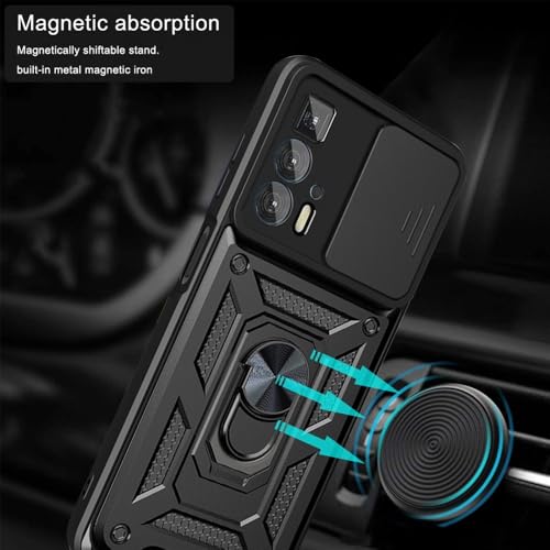 Image of Heavy Duty Back Case Cover for Moto Edge 20 Pro 5G, Shockproof Moto Edge 20 Pro Back Cover, Ring Case with Kickstand and Camera Protection Shutter - Black