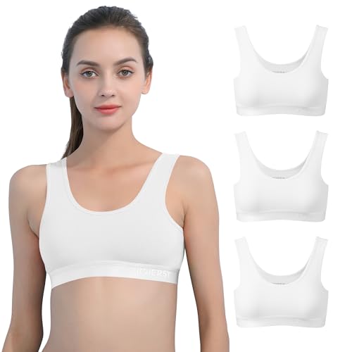INNERSY Girls First Bra White Crop Tops Kids Cotton Bralettes Sports Underwear Non Padded 3 Pack (L, 3 Classic White)