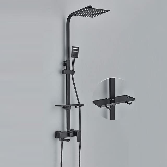 Colonne de douche noire avec étagère mitigeur pommeau pluie 25 cm et douchette