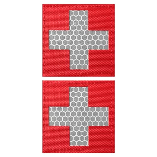 ZESION 2Pcs Reflective Medic Patches,Medical Red Cross Morale Hook and Loop Badge First Aid Patches for IFAK Trauma Pouch, EMT, EMS, EDC Bag