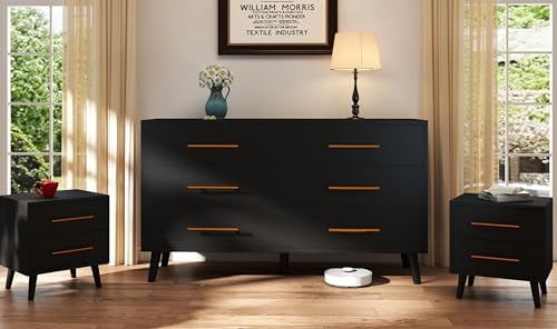 Ahomly 6-Drawer Dresser and 2-Drawer Nightstands Set for Bedroom 3 Pcs Bedroom Set with Gold HandlesModern Wood Dresser with Ample Storage Black