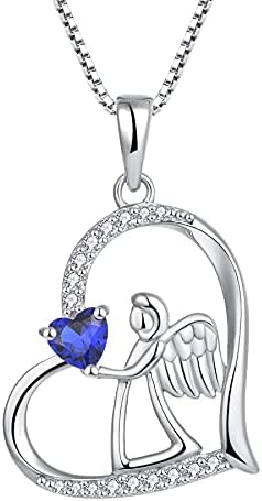 FJ Heart Guardian Angel Necklace 925 Sterling Silver Angel Wing Pendant Necklace with Birthstone Cubic Zirconia Jewellery Gifts for Women Girls