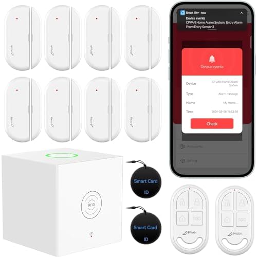 CPVAN Home Alarm System Wireless, DIY Smart Door/Window Alarm for Home Security, WiFi Alarm with Phone APP Alert 13 Pieces-Kit (Alarm Hub, 8 Door Sensors, 2 Remotes, 2 RFID Cards),Work with Alexa