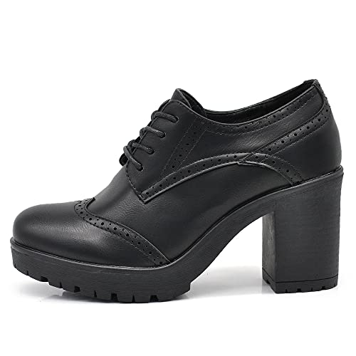 IF Fashion Chaussures Femmes Lacets Francis Broderie Talon Grosse Cuir Synthétique IF146, If 146 Noir, 38 EU