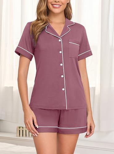 Image of Veseacky Womens Pajamas Set Short Sleeve Sleepwear Button Down Pjs Comfy 2 Pieces Soft Lounge Set S-XXL
