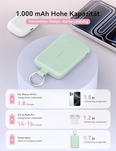 Batería externa 10000 mAh con cable tipo C integrado carga rápida PD 30W verde 4