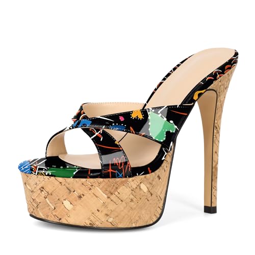 Image of Esvowido Heeled Mules for Women Cork Platform Stiletto Heels Slip on Open Toe High Heeled Sandals Crisscross Slippers Pumps Shoes