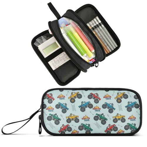 Image of Wfrish Cartoon Monster Trucks Blue Large Capacity Pencil Case, 3 Compartments Pen Pouch Organizer for School College Office, Zippers Big Pencil Bag for Teens Adults Girls Boys Makeup