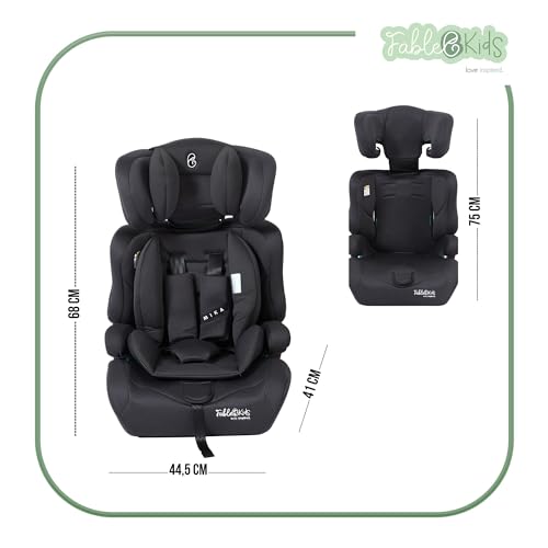 FableKids Kinderautositz 9-36 kg | 3-Punkt-Sicherheitsgurt | Autokindersitz ab 15 M. | Autositz für Kinder 76-150 cm | Kindersitz einstellbare Kopfstütze ECE R129/03 | Verstellbar | Schwarz