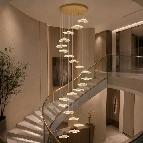 Image of ziidoo High Ceiling Chandelier - 24-Light Dimmable Modern Gold Long Spiral Luxury Linear Lotus Leaf Led Lamp Hanging Pendant Lights for Foyer Enterway Staircase Villas