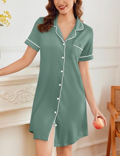 Image of Ekouaer Nightgowns for Women Button Down Sleepshirt Short Sleeve Nightshirt Boyfriend Pajamas V Neck Nightdress S-XXXL