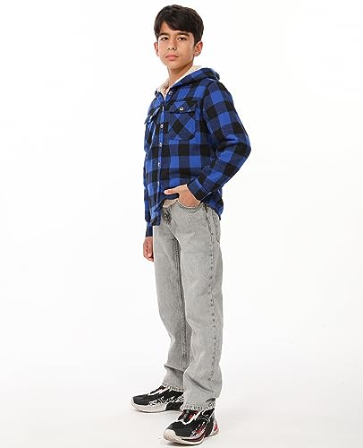 Image of ZENTHACE Boys Sherpa Fleece Lined Flannel Plaid Button Down Shirt Jacket,Hooded Flannel Shirt with Hand Pockets