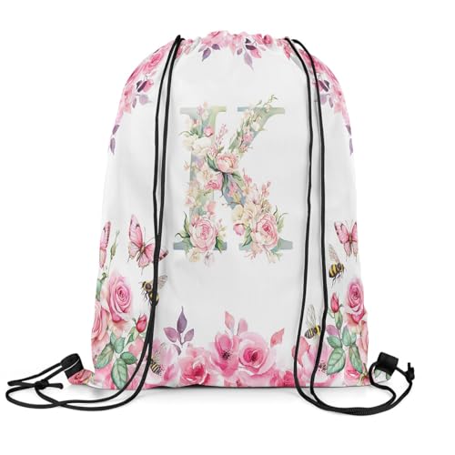 Erosebridal Initial A-Z Drawstring Backpack,13 x 15.7 inch Initial Letter K Drawstring Bag,Floral Monogrammed Draw String Back Bag,Romantic Rose Alphabet String Backpack for Sport Gym Swim