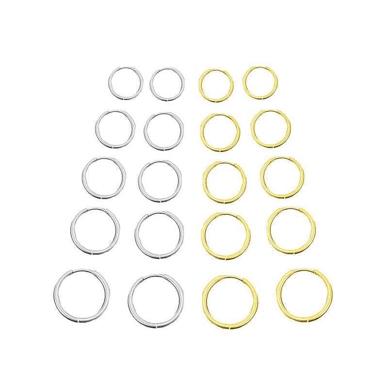 10Pairs Titanium Earrings Stainless Steel Hoop Earrings Set, 8mm to 16mm Small Huggie Hoops for Women and Men, Cartilage and Ear Piercing Jewelry(Gold, Sliver)