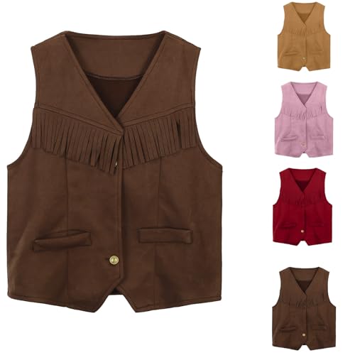 Girls Western Fringe Crop Vest Sleeveless Boho Tassel Jacket Faux Suede Cowgirl Cardigan 70s Hippie Party Summer