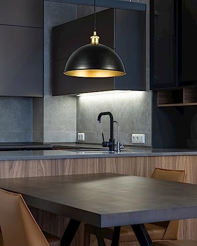 Yorkcare Black And Gold Pendant Light 12 Inches Metal Dome Farmhouse Pendant Light Fixtures With Cord Adjustable Industrial Black Pendant Lighting For Kitchen Island Barn Dining Room #TOP5