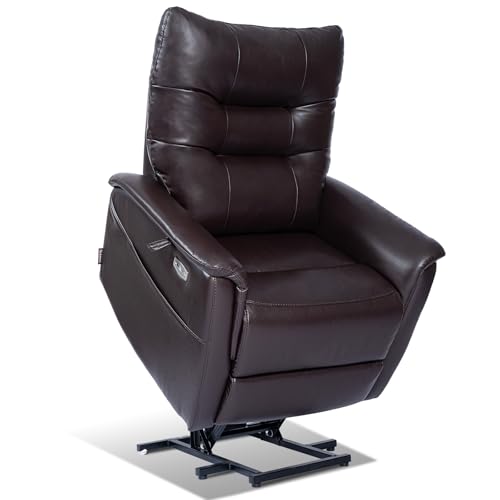 EONIX Wall Hugger Power Lift Recliner Chair for Elderly, Dual Motor Zero Clearance Power Lift Chair for Small Spaces, Electric Lumbar Support with Heat & Massage, Breathable Leather, Dark Brown