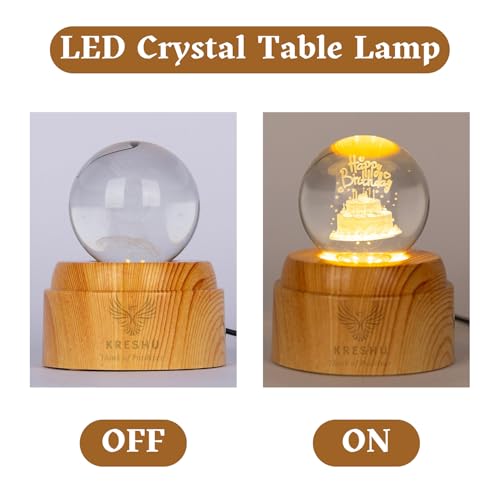 Image of KRESHU Happy Birthday 3D Crystal Rotating Glass Ball Dimmable Warm LED Light Wooden Stand Luminous USB Cable Decoration Night Lights for Art Home Decoration Birthday Gift (Pack of 1)
