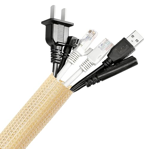 Image of AGPTEK Cable Sleeve, 20ft - 1 inch Cable Management Desk Cord Cover Organizer Wire Hider for Home Office Computer TV Wire Loom Tubing Pet Proof Cord Protector from Cat Dog Chewing, Wood Color
