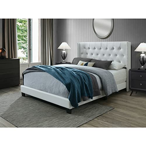 Dg Casa Bardy Upholstered Panel Bed Frame With Diamond Button Tufted And Nailhead Trim Wingback Headboard, Queen Size In White Faux Leather Fabric #TOP1