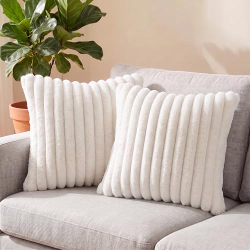 MEGAYES Pack of 2 Throw Pillow Covers 20x20 Decorative Solid Plush Faux Fur with Soft Velvet Back, Square Striped Cushion Cases Modern Farmhouse Home Decor for Living Room Couch Sofa Bed Cream White