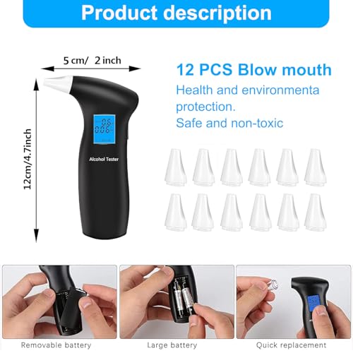 Breathalyzer with LCD Digital Display, Portable Alcohol Tester with 12 Reusable Mouthpieces(Blue)