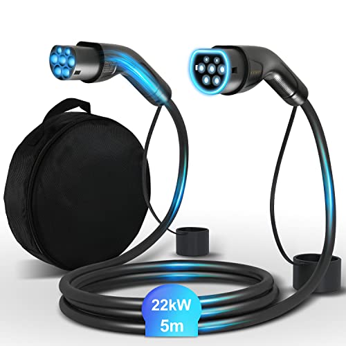 LVWIT Type 2 Charging Cable,EV Charger 22KW,Electric Vehicle Car Charger cable,Type 2 to Type 2,|3 Phase|5M|32A|Portable IP54 Waterproof EV Charger Cable with Carry Bag.(TÜV/CE-certified EV cable)