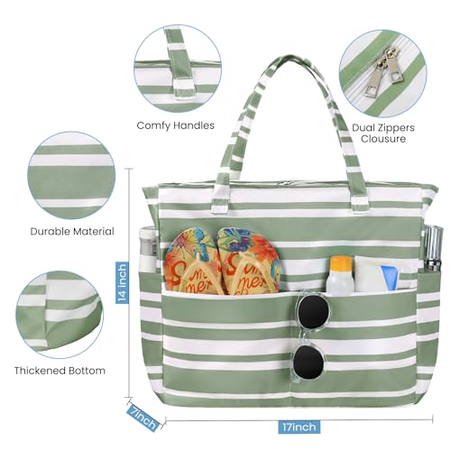 Trifabricy Beach Bags for Women Waterproof Sandproof Women Tote Bag, Large Beach Bag with Zipper for Gym Grocery Travel Vocation with Wet Pocket, Green — view 3