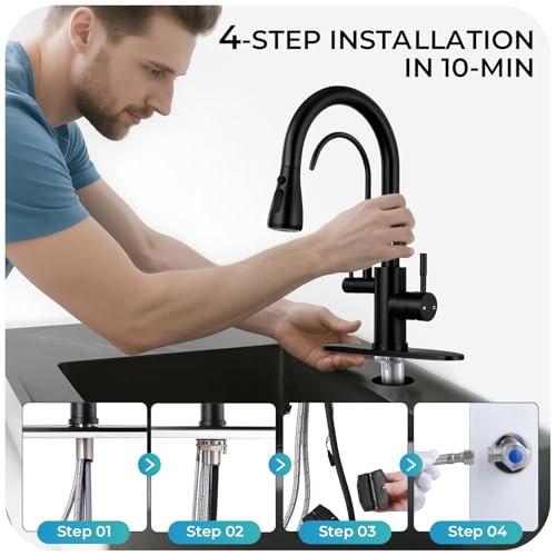 Image of Kitchen Faucets with Water Filter - Matte Black 2 in 1 2-Handle Kitchen Faucet with Pull Down Sprayer, High Arc Stainless Steel Pull Out Kitchen Sink Faucet with Deck for 1 or 3 Hole