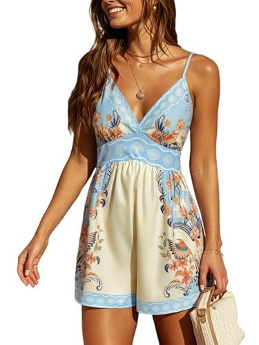CUPSHE Womens Floral Romper V-Neck Sleeveless Spaghetti Strap Elastic Waist Beach Summer Casual Blue M