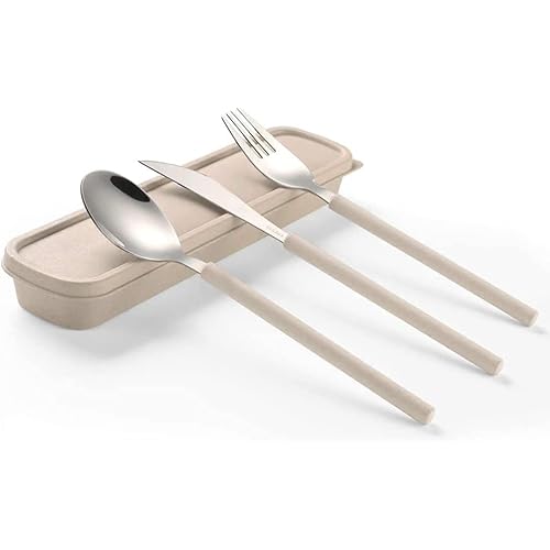 Maiyuansu Portable Flatware Set With Case 3-Piece Stainless Steel Travel Utensils Reusable Silverware Set for Lunch Camping Picnic, Beige