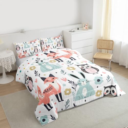 Image of Feelyou Fox Rabbit Owl Comforter Set Toddler Size, Cartoon Fox Comforter for Kids Toddler Cute Rabbit Comforter Set Toddler Size Tropical Kawaii Animal Duvet Set Durable Quilt Set