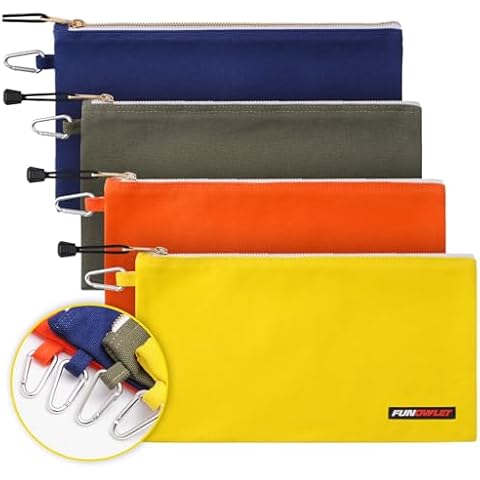 Utility Canvas Zipper Tool Bag - Heavy Duty Tools Pouch with Carabiner, Multi-Purpose Storage Organizer Clip on Tote Bags in Olive, Orange, Blue, Yellow, 4 Pack Cover